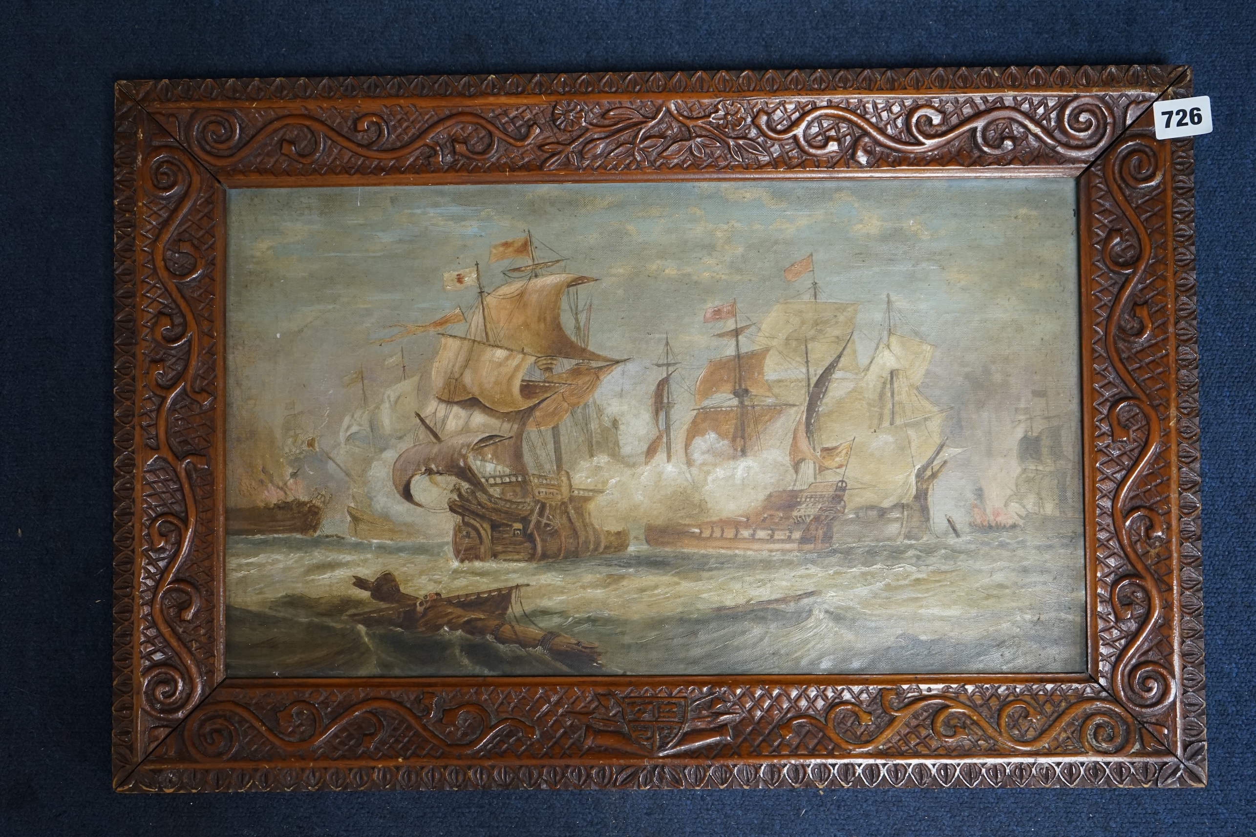 19th century English School, oil on canvas, ‘Battle of Trafalgar’, 28 x 49.5cm, housed in a carved wood frame. Condition - poor to fair, would benefit from a clean